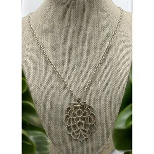 Silver Tone Lotus Pendant Statement Necklace Floral NWT Textured